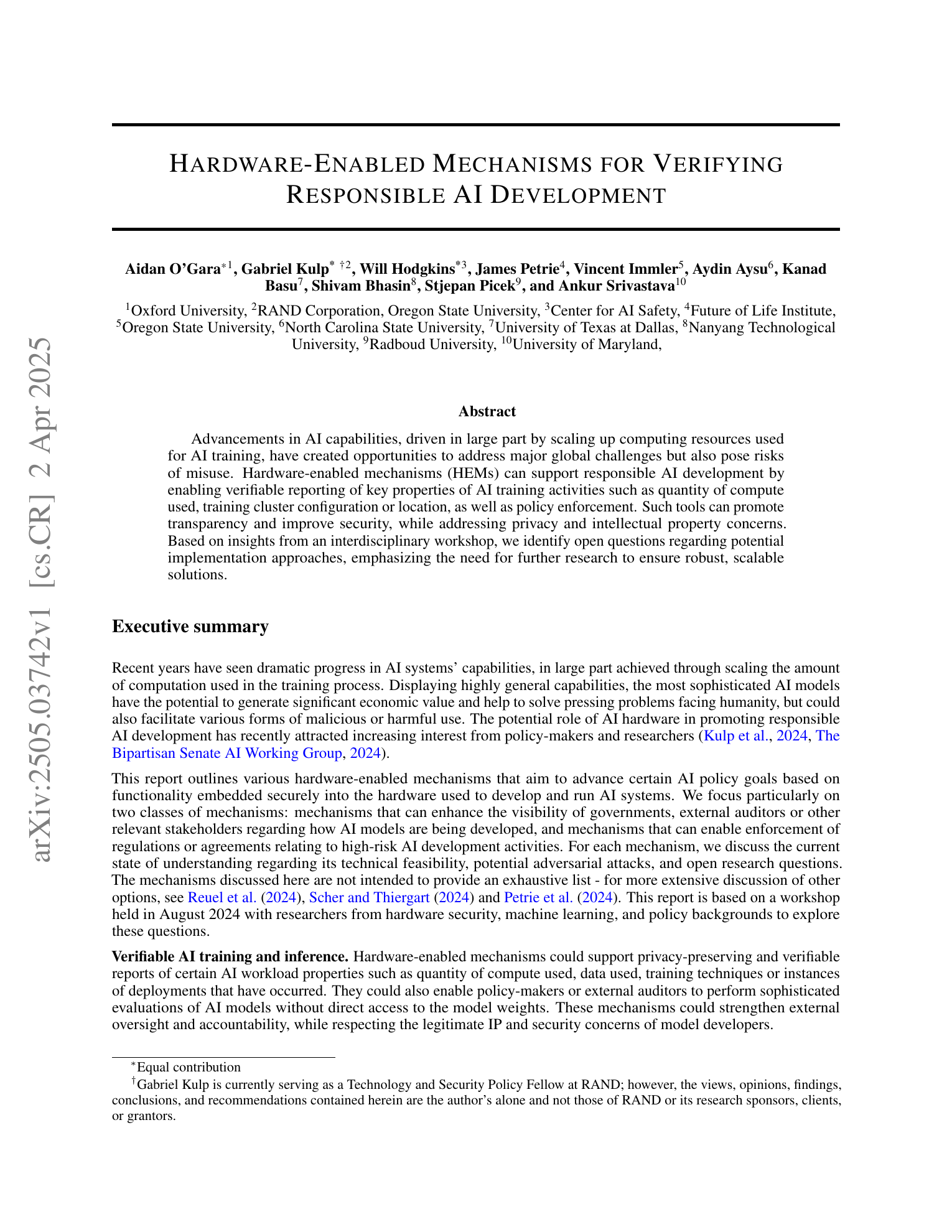 First page of the paper on hardware-enabled mechanisms for verifying responsible AI development