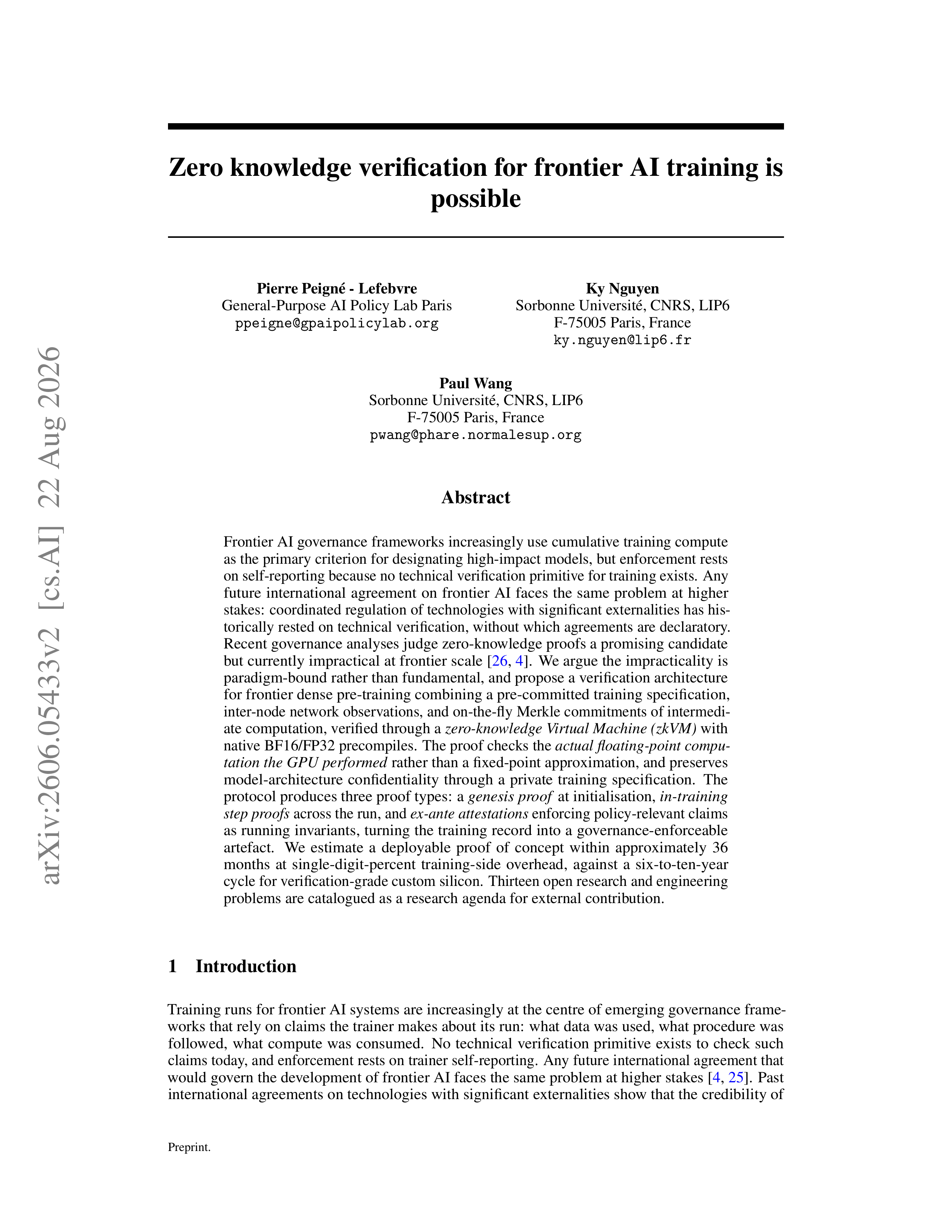 First page of Zero knowledge verification for frontier AI training is possible