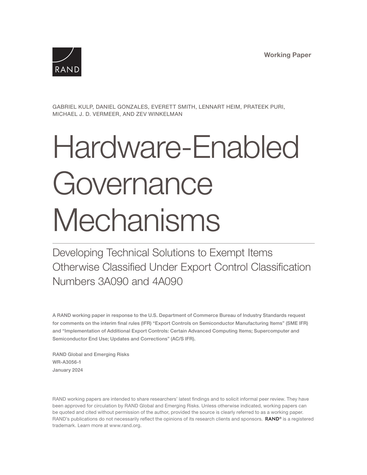 First page of the RAND paper on hardware-enabled governance mechanisms